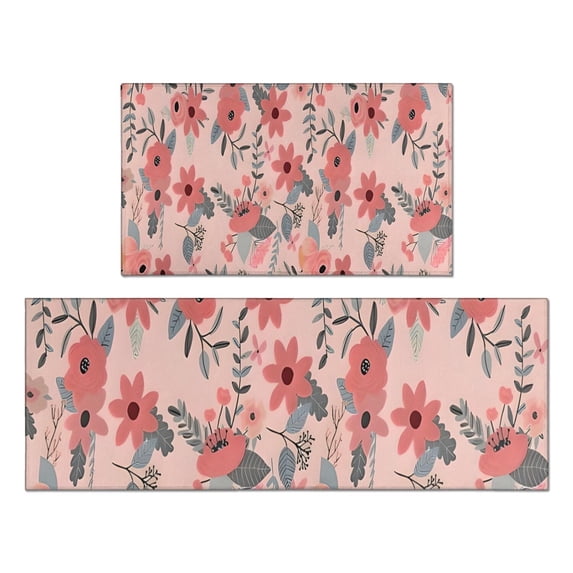 Pioneer Flower Floral Print Pattern Kitchen Rugs Sets Of 2,Anti Fatigue Kitchen Mat Rugs Non Slip Washable,Decorative Kitchen Floor Mats for Kitchen,Sink,Laundry,17"x30"+17"x47"