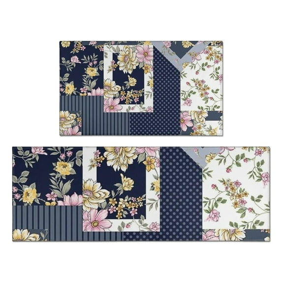 Pioneer Flower Floral Print Pattern Kitchen Rugs Sets Of 2,Anti Fatigue Kitchen Mat Rugs Non Slip Washable,Decorative Kitchen Floor Mats for Kitchen,Sink,Laundry,17"x30"+17"x47"