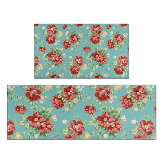Pioneer Flower Floral Print Pattern Kitchen Rugs Sets Of 2,Anti Fatigue Kitchen Mat Rugs Non Slip Washable,Decorative Kitchen Floor Mats for Kitchen,Sink,Laundry,17"x30"+17"x47"