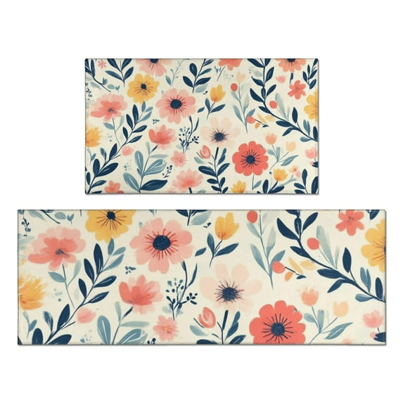 Pioneer Flower Floral Print Pattern Kitchen Rugs Sets Of 2,Anti Fatigue Kitchen Mat Rugs Non Slip Washable,Decorative Kitchen Floor Mats for Kitchen,Sink,Laundry,17"x30"+17"x47"