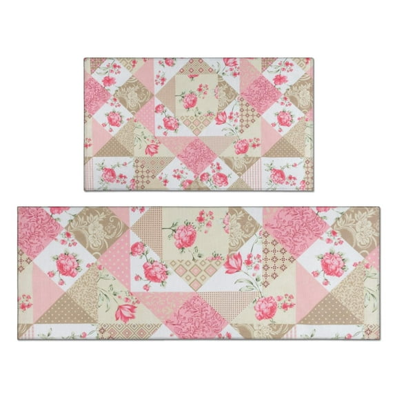 Pioneer Flower Floral Print Pattern Kitchen Rugs Sets Of 2,Anti Fatigue Kitchen Mat Rugs Non Slip Washable,Decorative Kitchen Floor Mats for Kitchen,Sink,Laundry,17"x30"+17"x47"