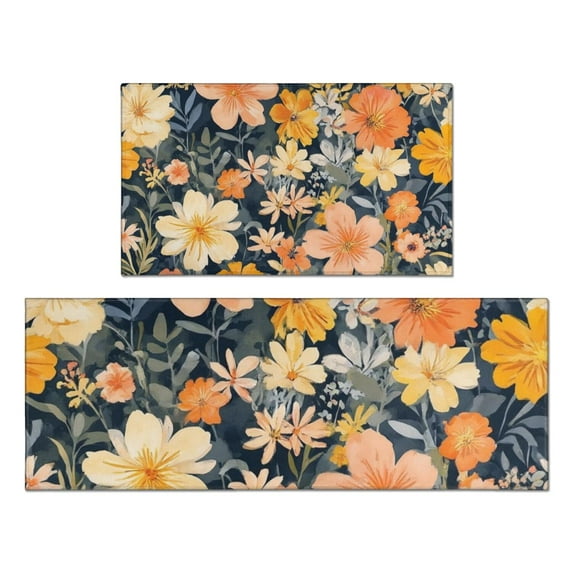 Pioneer Flower Floral Print Pattern Kitchen Rugs Sets Of 2,Anti Fatigue Kitchen Mat Rugs Non Slip Washable,Decorative Kitchen Floor Mats for Kitchen,Sink,Laundry,17"x30"+17"x47"