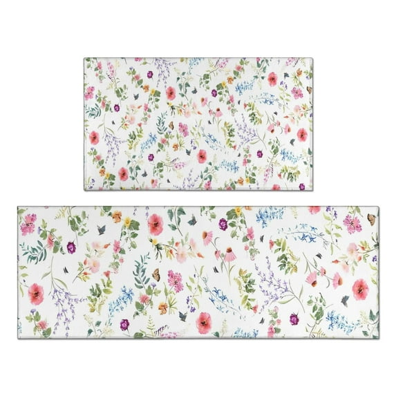 Pioneer Flower Floral Print Pattern Kitchen Rugs Sets Of 2,Anti Fatigue Kitchen Mat Rugs Non Slip Washable,Decorative Kitchen Floor Mats for Kitchen,Sink,Laundry,17"x30"+17"x47"