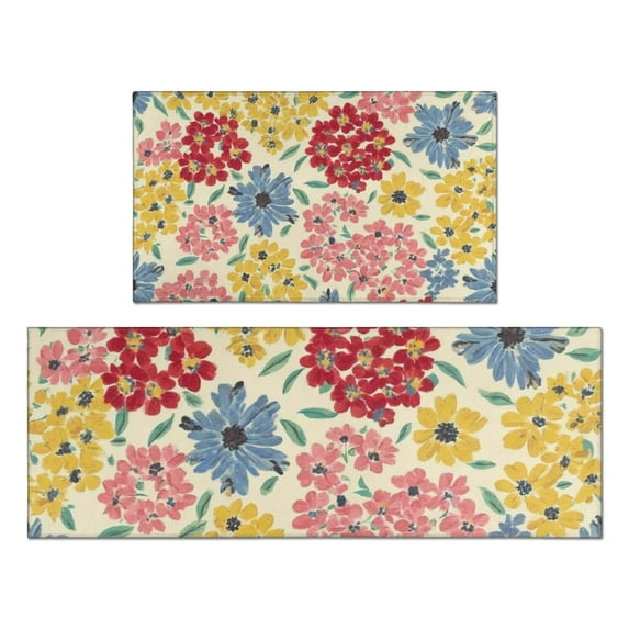 Pioneer Flower Floral Print Pattern Kitchen Rugs Sets Of 2,Anti Fatigue Kitchen Mat Rugs Non Slip Washable,Decorative Kitchen Floor Mats for Kitchen,Sink,Laundry,17"x30"+17"x47"