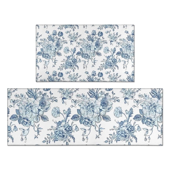 Pioneer Flower Floral Print Pattern Kitchen Rugs Sets Of 2,Anti Fatigue Kitchen Mat Rugs Non Slip Washable,Decorative Kitchen Floor Mats for Kitchen,Sink,Laundry,17"x30"+17"x47"