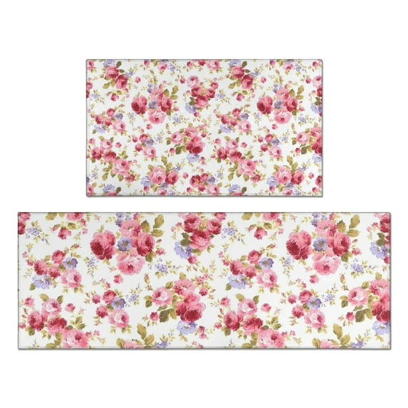 Pioneer Flower Floral Print Pattern Kitchen Rugs Sets Of 2,Anti Fatigue Kitchen Mat Rugs Non Slip Washable,Decorative Kitchen Floor Mats for Kitchen,Sink,Laundry,17"x30"+17"x47"