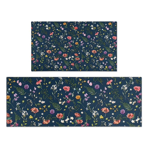 Pioneer Flower Floral Print Pattern Kitchen Rugs Sets Of 2,Anti Fatigue Kitchen Mat Rugs Non Slip Washable,Decorative Kitchen Floor Mats for Kitchen,Sink,Laundry,17"x30"+17"x47"