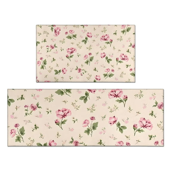 Pioneer Flower Floral Print Pattern Kitchen Rugs Sets Of 2,Anti Fatigue Kitchen Mat Rugs Non Slip Washable,Decorative Kitchen Floor Mats for Kitchen,Sink,Laundry,17"x30"+17"x47"