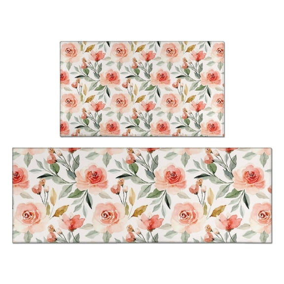 Pioneer Flower Floral Print Pattern Kitchen Rugs Sets Of 2,Anti Fatigue Kitchen Mat Rugs Non Slip Washable,Decorative Kitchen Floor Mats for Kitchen,Sink,Laundry,17"x30"+17"x47"