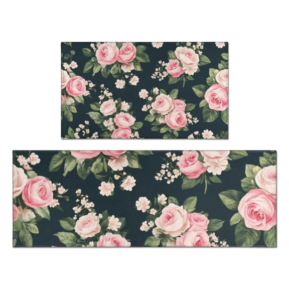 Pioneer Flower Floral Print Pattern Kitchen Rugs Sets Of 2,Anti Fatigue Kitchen Mat Rugs Non Slip Washable,Decorative Kitchen Floor Mats for Kitchen,Sink,Laundry,17"x30"+17"x47"
