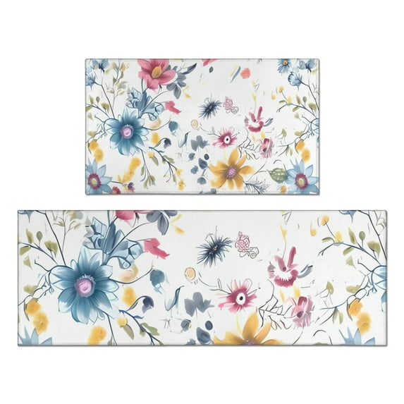 Pioneer Flower Floral Print Pattern Kitchen Rugs Sets Of 2,Anti Fatigue Kitchen Mat Rugs Non Slip Washable,Decorative Kitchen Floor Mats for Kitchen,Sink,Laundry,17"x30"+17"x47"