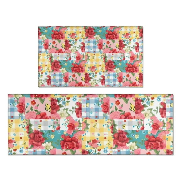 Pioneer Flower Floral Print Pattern Kitchen Rugs Sets Of 2,Anti Fatigue Kitchen Mat Rugs Non Slip Washable,Decorative Kitchen Floor Mats for Kitchen,Sink,Laundry,17"x30"+17"x47"