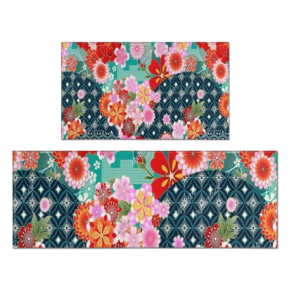 Pioneer Flower Floral Print Pattern Kitchen Rugs Sets Of 2,Anti Fatigue Kitchen Mat Rugs Non Slip Washable,Decorative Kitchen Floor Mats for Kitchen,Sink,Laundry,17"x30"+17"x47"
