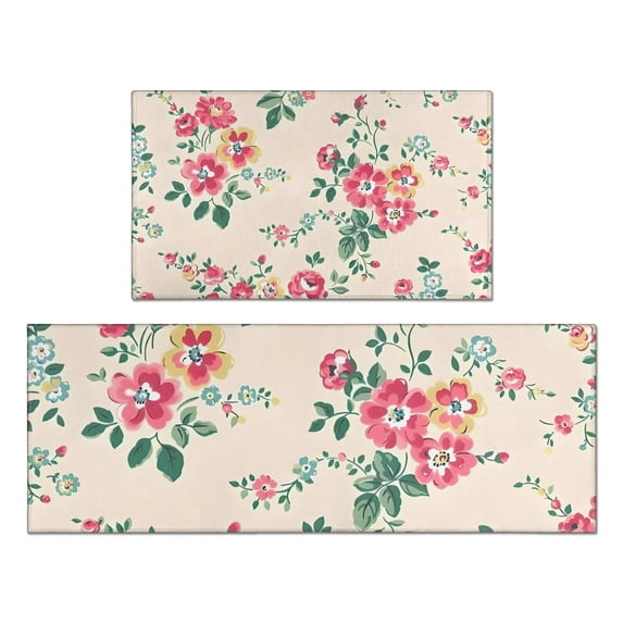 Pioneer Flower Floral Print Pattern Kitchen Rugs Sets Of 2,Anti Fatigue Kitchen Mat Rugs Non Slip Washable,Decorative Kitchen Floor Mats for Kitchen,Sink,Laundry,17"x30"+17"x47"
