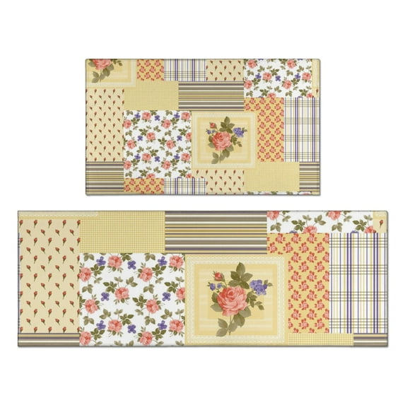 Pioneer Flower Floral Print Pattern Kitchen Rugs Sets Of 2,Anti Fatigue Kitchen Mat Rugs Non Slip Washable,Decorative Kitchen Floor Mats for Kitchen,Sink,Laundry,17"x30"+17"x47"