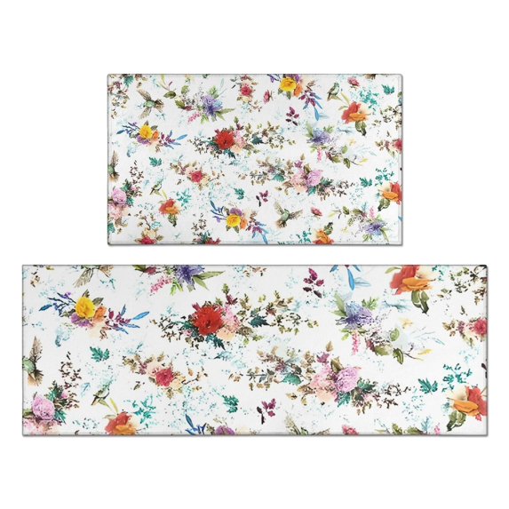 Pioneer Flower Floral Print Pattern Kitchen Rugs Sets Of 2,Anti Fatigue Kitchen Mat Rugs Non Slip Washable,Decorative Kitchen Floor Mats for Kitchen,Sink,Laundry,17"x30"+17"x47"