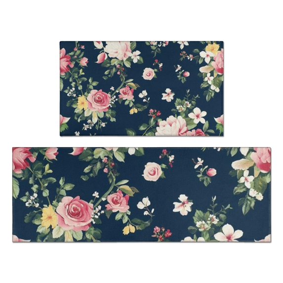 Pioneer Flower Floral Print Pattern Kitchen Rugs Sets Of 2,Anti Fatigue Kitchen Mat Rugs Non Slip Washable,Decorative Kitchen Floor Mats for Kitchen,Sink,Laundry,17"x30"+17"x47"