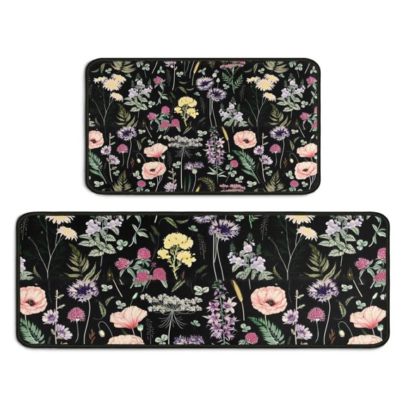 Pioneer Flower Floral Print Pattern Kitchen Rugs Sets Of 2,Anti Fatigue Kitchen Mat Rugs Non Slip Washable,Decorative Kitchen Floor Mats for Kitchen,Sink,Laundry,17"X30"+17"X47"