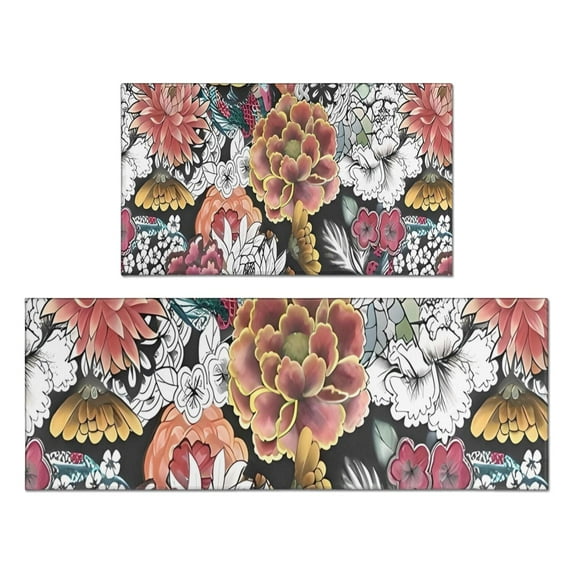 Pioneer Flower Floral Print Pattern Kitchen Rugs Sets Of 2,Anti Fatigue Kitchen Mat Rugs Non Slip Washable,Decorative Kitchen Floor Mats for Kitchen,Sink,Laundry,17"x30"+17"x47"