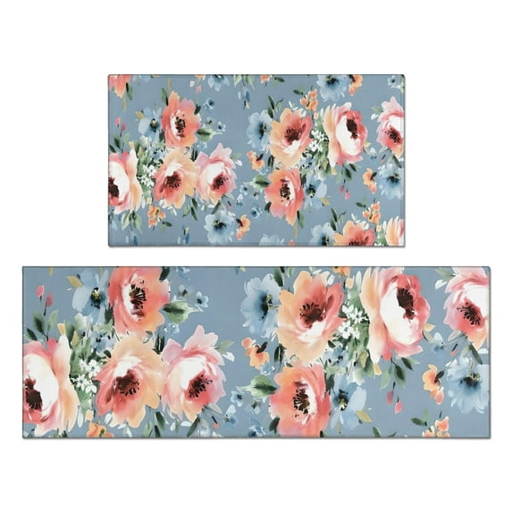 Pioneer Flower Floral Print Pattern Kitchen Rugs Sets Of 2,Anti Fatigue Kitchen Mat Rugs Non Slip Washable,Decorative Kitchen Floor Mats for Kitchen,Sink,Laundry,17"x30"+17"x47"