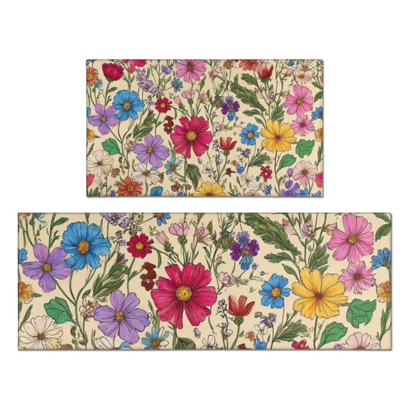 Pioneer Flower Floral Print Pattern Kitchen Rugs Sets Of 2,Anti Fatigue Kitchen Mat Rugs Non Slip Washable,Decorative Kitchen Floor Mats for Kitchen,Sink,Laundry,17"x30"+17"x47"