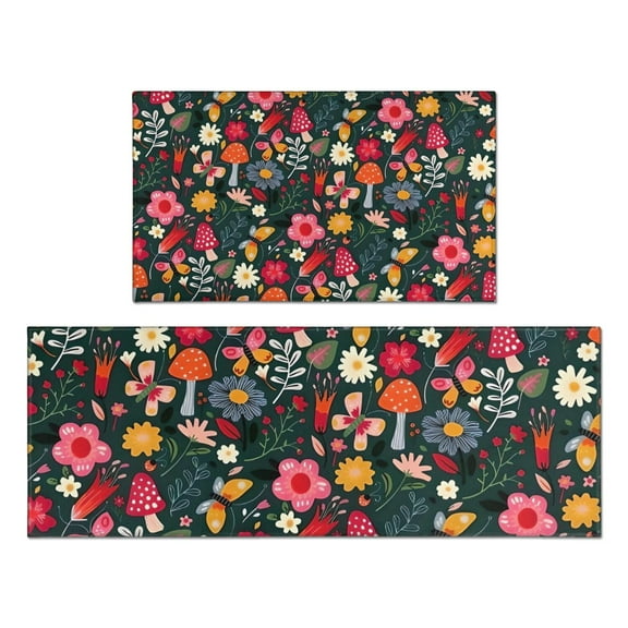 Pioneer Flower Floral Print Pattern Kitchen Rugs Sets Of 2,Anti Fatigue Kitchen Mat Rugs Non Slip Washable,Decorative Kitchen Floor Mats for Kitchen,Sink,Laundry,17"x30"+17"x47"