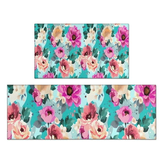 Pioneer Flower Floral Print Pattern Kitchen Rugs Sets Of 2,Anti Fatigue Kitchen Mat Rugs Non Slip Washable,Decorative Kitchen Floor Mats for Kitchen,Sink,Laundry,17"x30"+17"x47"