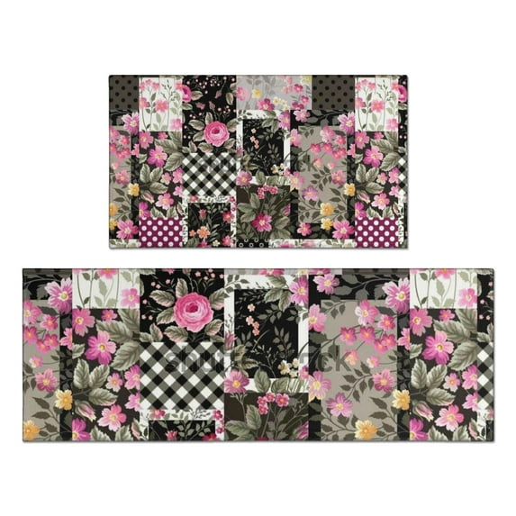 Pioneer Flower Floral Print Pattern Kitchen Rugs Sets Of 2,Anti Fatigue Kitchen Mat Rugs Non Slip Washable,Decorative Kitchen Floor Mats for Kitchen,Sink,Laundry,17"x30"+17"x47"