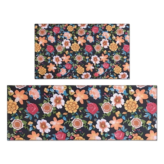 Pioneer Flower Floral Print Pattern Kitchen Rugs Sets Of 2,Anti Fatigue Kitchen Mat Rugs Non Slip Washable,Decorative Kitchen Floor Mats for Kitchen,Sink,Laundry,17"x30"+17"x47"