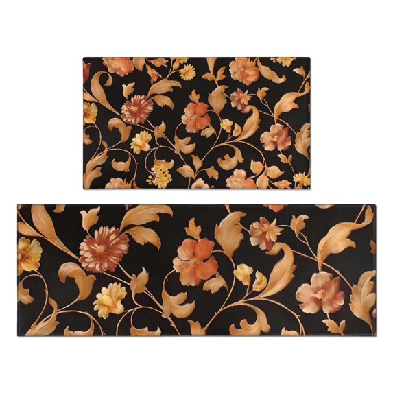 Pioneer Flower Floral Print Pattern Kitchen Rugs Sets Of 2,Anti Fatigue Kitchen Mat Rugs Non Slip Washable,Decorative Kitchen Floor Mats for Kitchen,Sink,Laundry,17"x30"+17"x47"