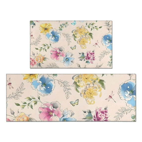 Pioneer Flower Floral Print Pattern Kitchen Rugs Sets Of 2,Anti Fatigue Kitchen Mat Rugs Non Slip Washable,Decorative Kitchen Floor Mats for Kitchen,Sink,Laundry,17"x30"+17"x47"