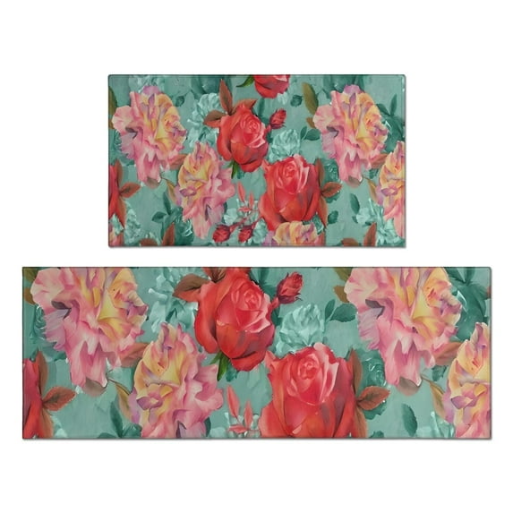 Pioneer Flower Floral Print Pattern Kitchen Rugs Sets Of 2,Anti Fatigue Kitchen Mat Rugs Non Slip Washable,Decorative Kitchen Floor Mats for Kitchen,Sink,Laundry,17"x30"+17"x47"