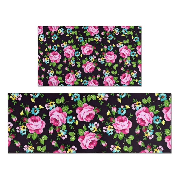 Pioneer Flower Floral Print Pattern Kitchen Rugs Sets Of 2,Anti Fatigue Kitchen Mat Rugs Non Slip Washable,Decorative Kitchen Floor Mats for Kitchen,Sink,Laundry,17"x30"+17"x47"