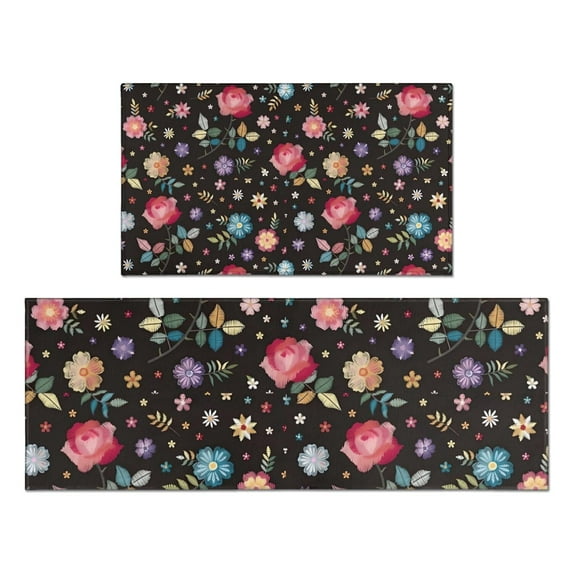 Pioneer Flower Floral Print Pattern Kitchen Rugs Sets Of 2,Anti Fatigue Kitchen Mat Rugs Non Slip Washable,Decorative Kitchen Floor Mats for Kitchen,Sink,Laundry,17"x30"+17"x47"