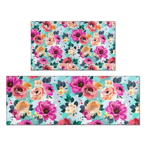 Pioneer Flower Floral Print Pattern Kitchen Rugs Sets Of 2,Anti Fatigue Kitchen Mat Rugs Non Slip Washable,Decorative Kitchen Floor Mats for Kitchen,Sink,Laundry,17"x30"+17"x47"
