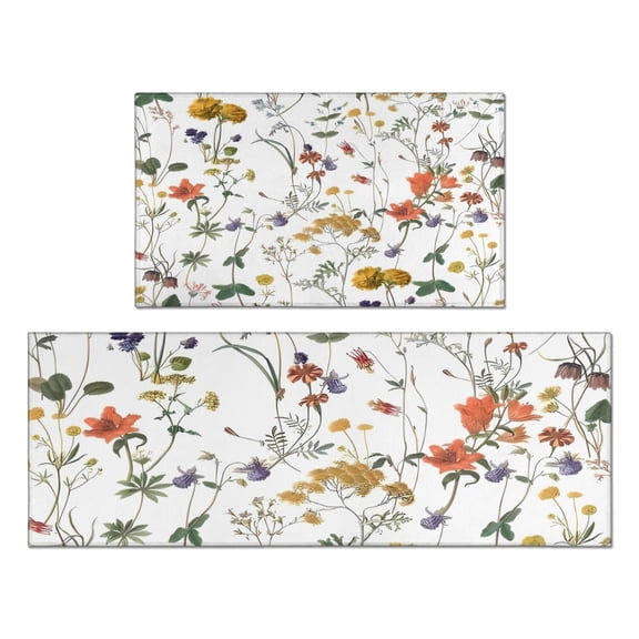 Pioneer Flower Floral Print Pattern Kitchen Rugs Sets Of 2,Anti Fatigue Kitchen Mat Rugs Non Slip Washable,Decorative Kitchen Floor Mats for Kitchen,Sink,Laundry,17"x30"+17"x47"