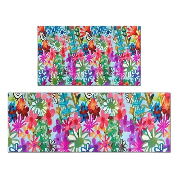 Pioneer Flower Floral Print Pattern Kitchen Rugs Sets Of 2,Anti Fatigue Kitchen Mat Rugs Non Slip Washable,Decorative Kitchen Floor Mats for Kitchen,Sink,Laundry,17"x30"+17"x47"