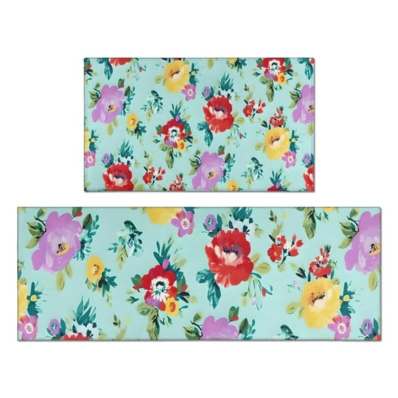 Pioneer Flower Floral Print Pattern Kitchen Rugs Sets Of 2,Anti Fatigue Kitchen Mat Rugs Non Slip Washable,Decorative Kitchen Floor Mats for Kitchen,Sink,Laundry,17"x30"+17"x47"