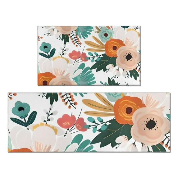 Pioneer Flower Floral Print Pattern Kitchen Rugs Sets Of 2,Anti Fatigue Kitchen Mat Rugs Non Slip Washable,Decorative Kitchen Floor Mats for Kitchen,Sink,Laundry,17"x30"+17"x47"