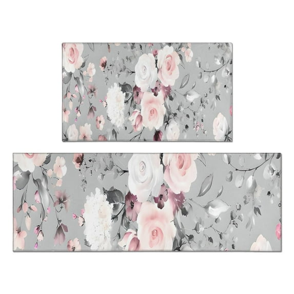 Pioneer Flower Floral Print Pattern Kitchen Rugs Sets Of 2,Anti Fatigue Kitchen Mat Rugs Non Slip Washable,Decorative Kitchen Floor Mats for Kitchen,Sink,Laundry,17"x30"+17"x47"