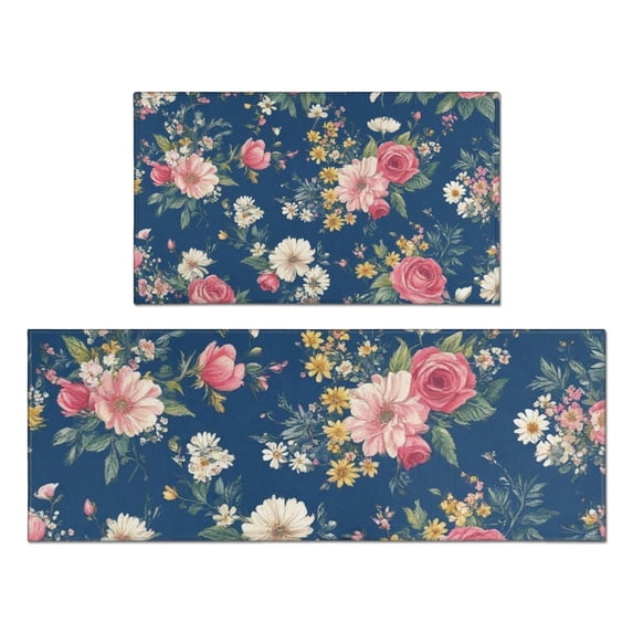 Pioneer Flower Floral Print Pattern Kitchen Rugs Sets Of 2,Anti Fatigue Kitchen Mat Rugs Non Slip Washable,Decorative Kitchen Floor Mats for Kitchen,Sink,Laundry,17"x30"+17"x47"