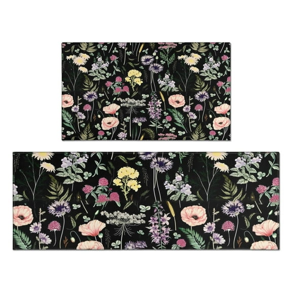 Pioneer Flower Floral Print Pattern Kitchen Rugs Sets Of 2,Anti Fatigue Kitchen Mat Rugs Non Slip Washable,Decorative Kitchen Floor Mats for Kitchen,Sink,Laundry,17"x30"+17"x47"