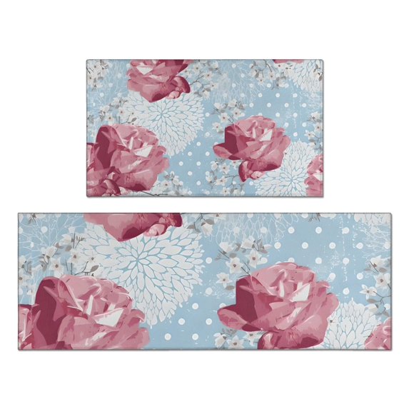 Pioneer Flower Floral Print Pattern Kitchen Rugs Sets Of 2,Anti Fatigue Kitchen Mat Rugs Non Slip Washable,Decorative Kitchen Floor Mats for Kitchen,Sink,Laundry,17"x30"+17"x47"