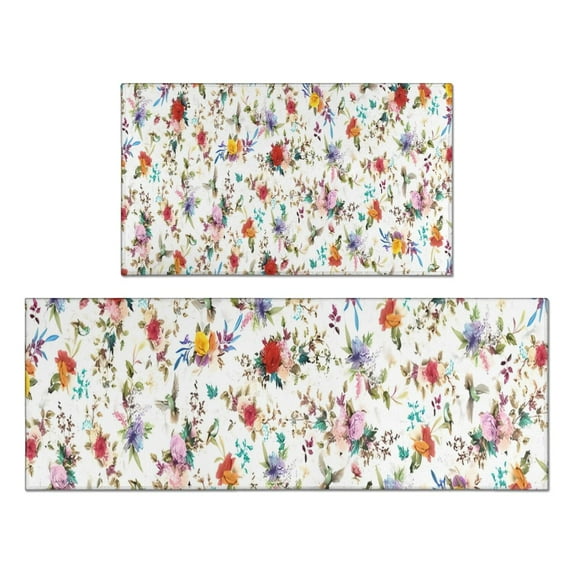 Pioneer Flower Floral Print Pattern Kitchen Rugs Sets Of 2,Anti Fatigue Kitchen Mat Rugs Non Slip Washable,Decorative Kitchen Floor Mats for Kitchen,Sink,Laundry,17"x30"+17"x47"