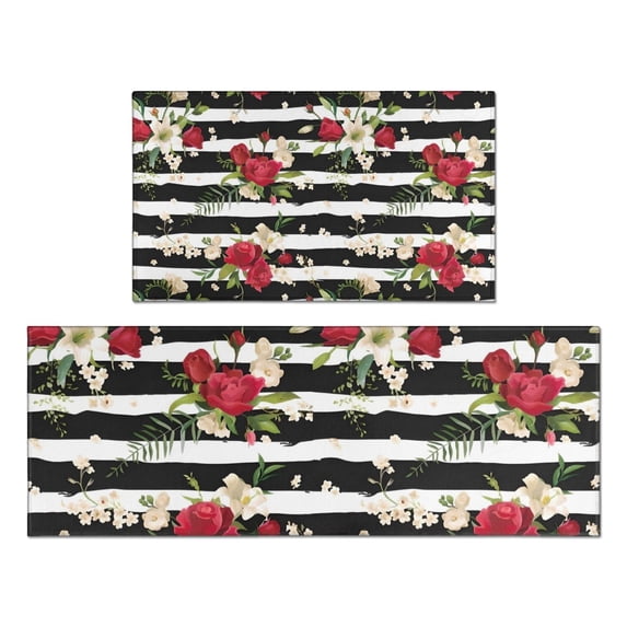 Pioneer Flower Floral Print Pattern Kitchen Rugs Sets Of 2,Anti Fatigue Kitchen Mat Rugs Non Slip Washable,Decorative Kitchen Floor Mats for Kitchen,Sink,Laundry,17"x30"+17"x47"