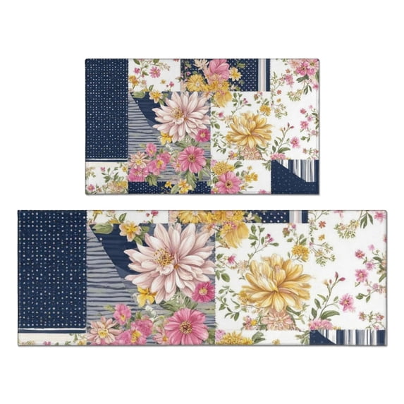 Pioneer Flower Floral Print Pattern Kitchen Rugs Sets Of 2,Anti Fatigue Kitchen Mat Rugs Non Slip Washable,Decorative Kitchen Floor Mats for Kitchen,Sink,Laundry,17"x30"+17"x47"