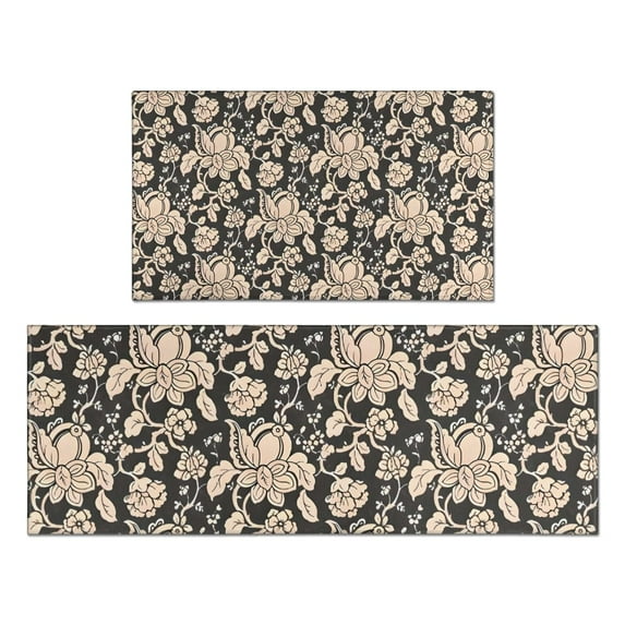 Pioneer Flower Floral Print Pattern Kitchen Rugs Sets Of 2,Anti Fatigue Kitchen Mat Rugs Non Slip Washable,Decorative Kitchen Floor Mats for Kitchen,Sink,Laundry,17"x30"+17"x47"