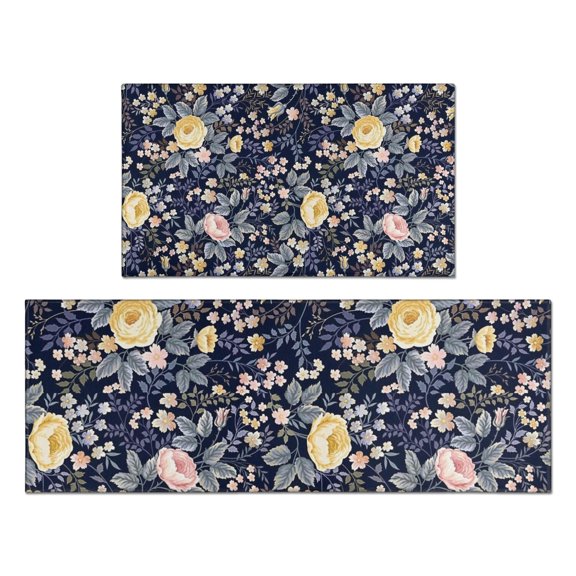 Pioneer Flower Floral Print Pattern Kitchen Rugs Sets Of 2,Anti Fatigue Kitchen Mat Rugs Non Slip Washable,Decorative Kitchen Floor Mats for Kitchen,Sink,Laundry,17"x30"+17"x47"