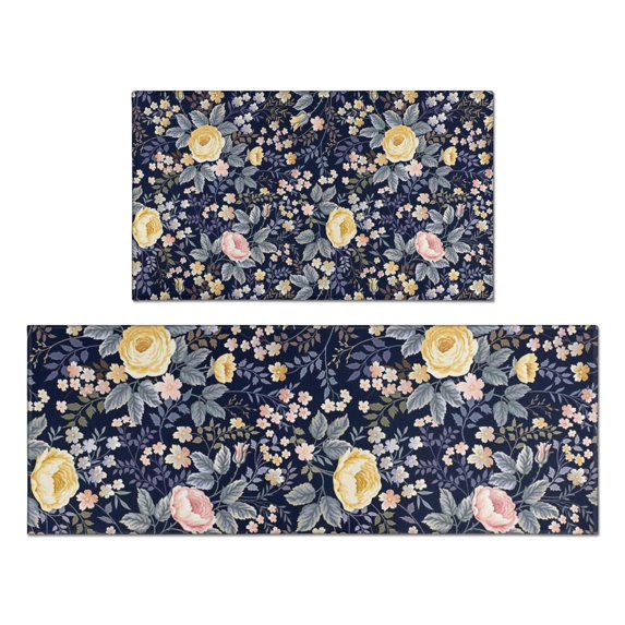 Pioneer Flower Floral Print Pattern Kitchen Rugs Sets Of 2,Anti Fatigue Kitchen Mat Rugs Non Slip Washable,Decorative Kitchen Floor Mats for Kitchen,Sink,Laundry,17"x30"+17"x47"