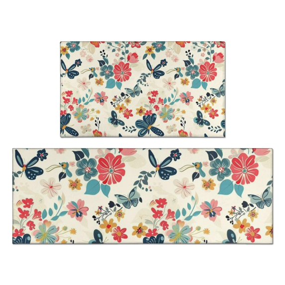 Pioneer Flower Floral Print Pattern Kitchen Rugs Sets Of 2,Anti Fatigue Kitchen Mat Rugs Non Slip Washable,Decorative Kitchen Floor Mats for Kitchen,Sink,Laundry,17"x30"+17"x47"